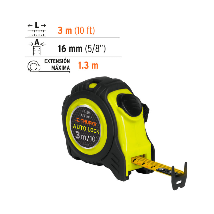 Flexómetro Auto-Lock contra impactos 3 m cinta 16 mm, Truper 10746 FA-3M