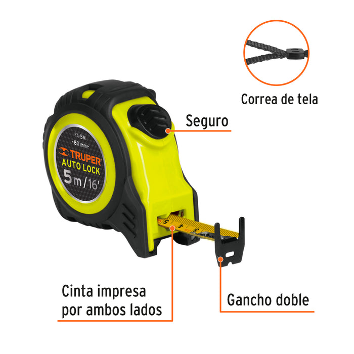 Flexómetro Auto-Lock contra impactos 5 m cinta 19 mm, Truper 10747 FA-5M