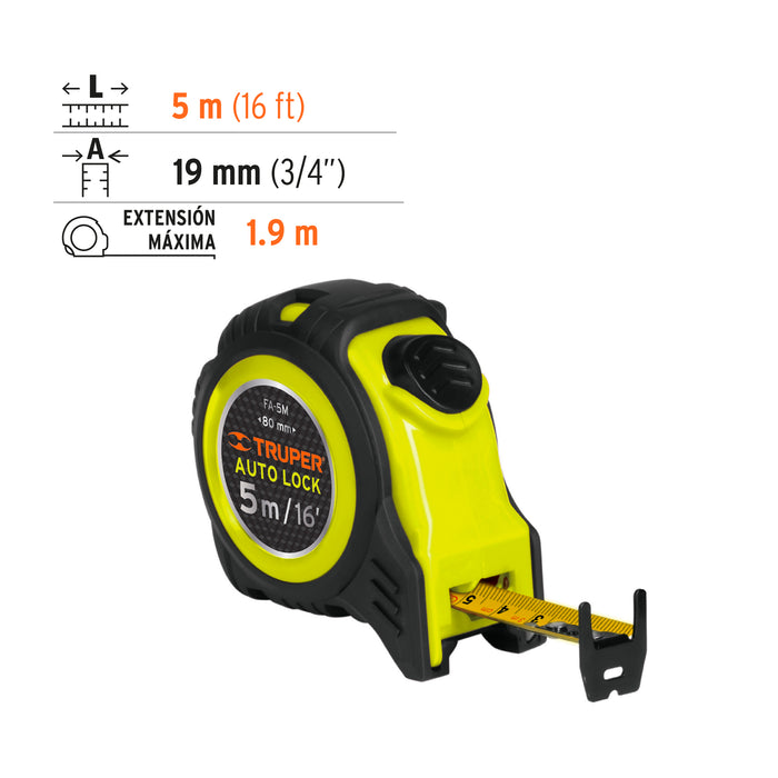 Flexómetro Auto-Lock contra impactos 5 m cinta 19 mm, Truper 10747 FA-5M