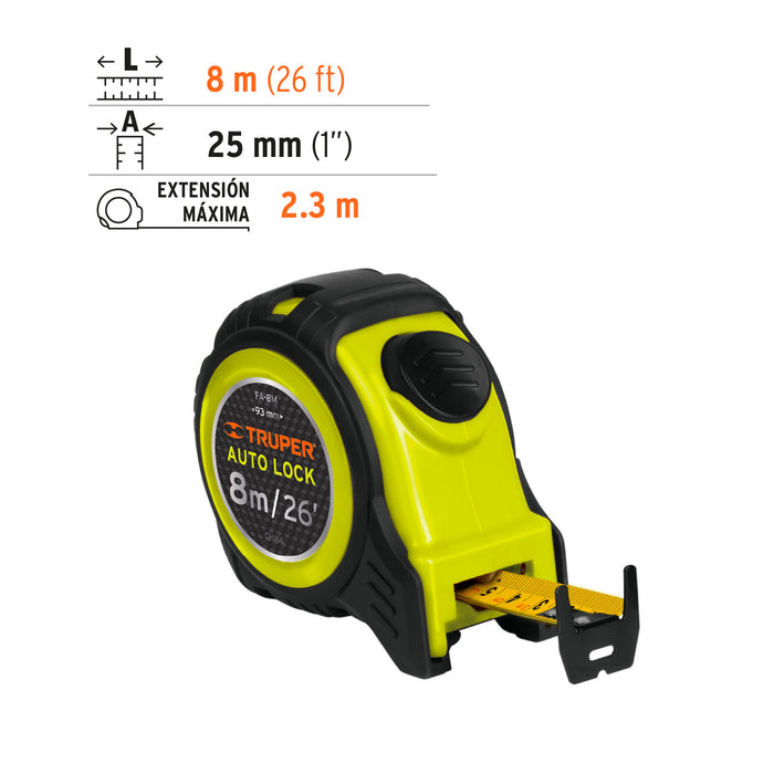 Flexómetro Auto-Lock contra impactos 8 m cinta 25 mm, Truper 10749 FA-8M