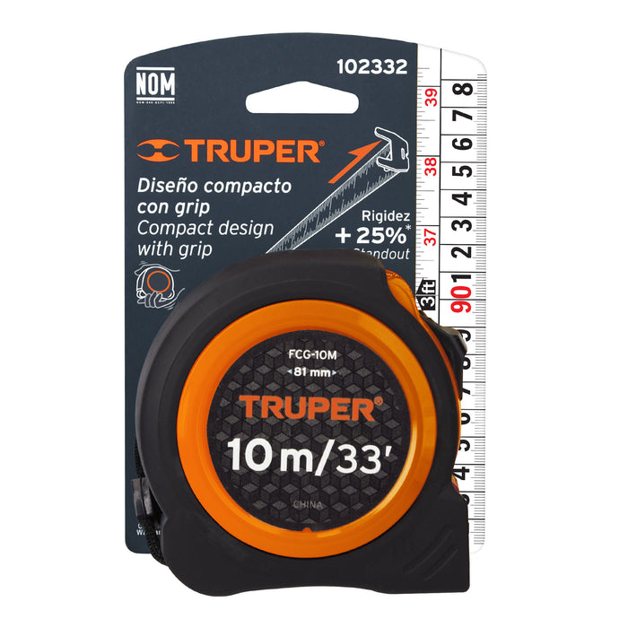 Flexómetro compacto 10 m con grip, cinta 25 mm, Truper 102332 FCG-10M