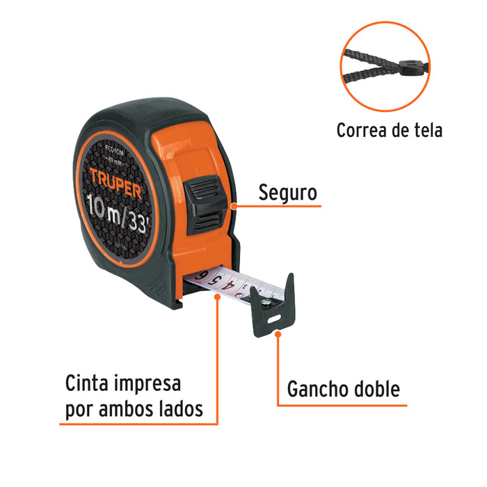 Flexómetro compacto 10 m con grip, cinta 25 mm, Truper 102332 FCG-10M