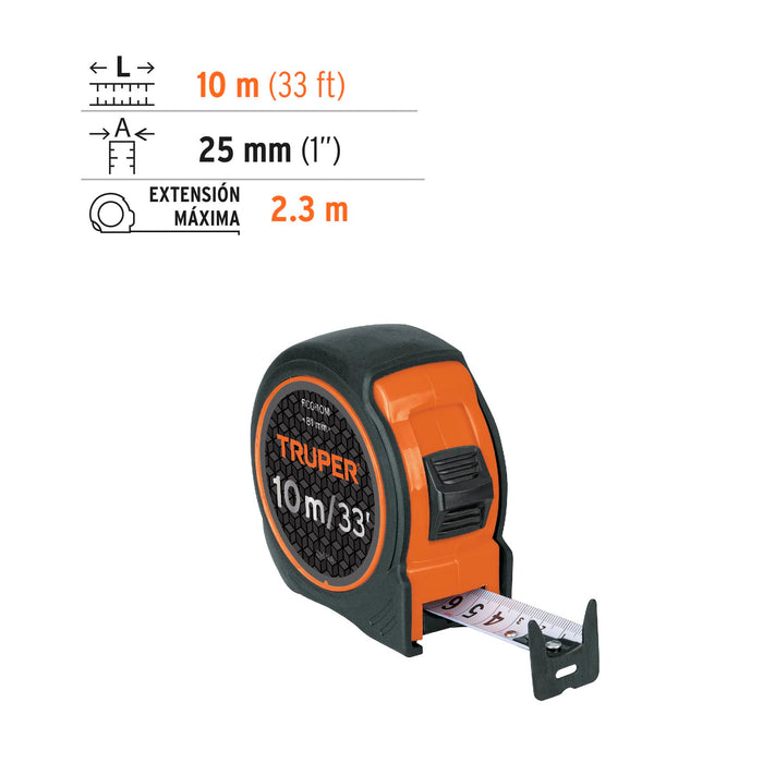 Flexómetro compacto 10 m con grip, cinta 25 mm, Truper 102332 FCG-10M