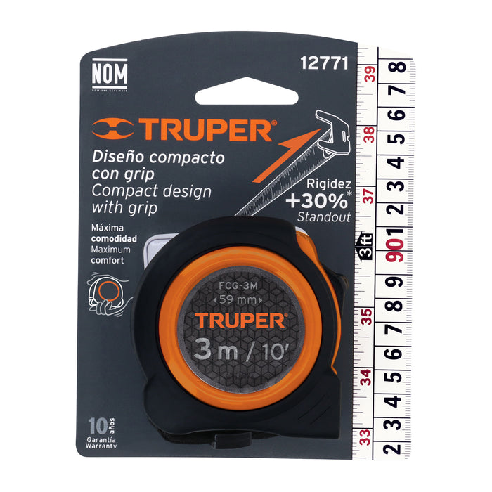 Flexómetro compacto contra impactos 3 m cinta 16 mm, Truper 12771 FCG-3M