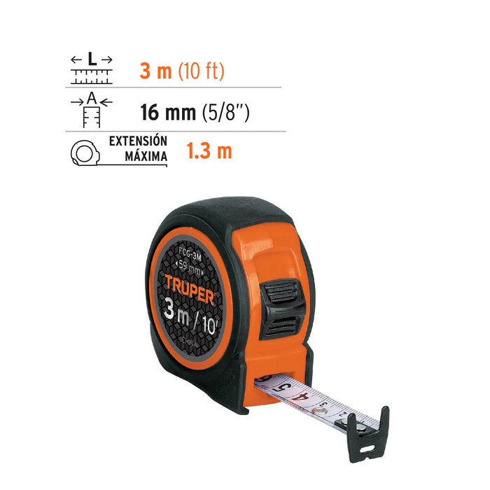 Flexómetro compacto contra impactos 3 m cinta 16 mm, Truper 12771 FCG-3M