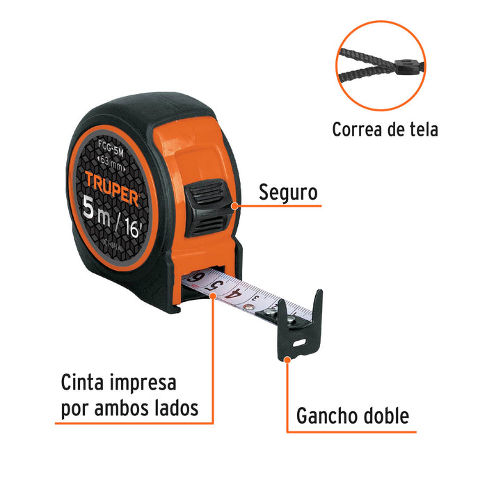 Flexómetro compacto contra impactos 5 m cinta 19 mm, Truper 12772 FCG-5M