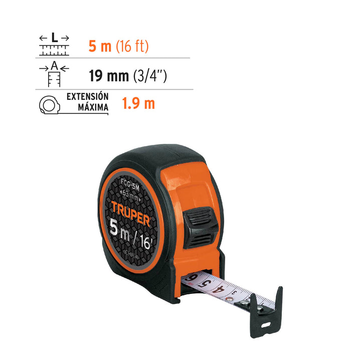 Flexómetro compacto contra impactos 5 m cinta 19 mm, Truper 12772 FCG-5M