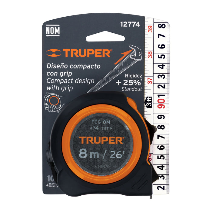 Flexómetro compacto contra impactos 8 m cinta 25 mm, Truper 12774 FCG-8M