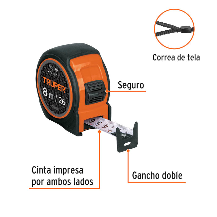 Flexómetro compacto contra impactos 8 m cinta 25 mm, Truper 12774 FCG-8M