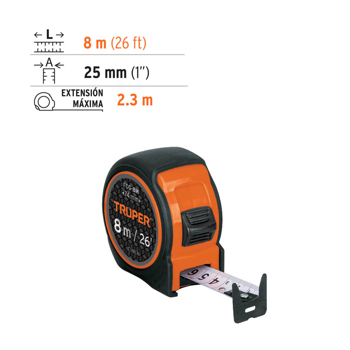 Flexómetro compacto contra impactos 8 m cinta 25 mm, Truper 12774 FCG-8M