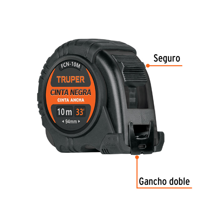 Flexómetro contra impactos 10 m, Cinta Negra 32 mm, Truper 103057 FCN-10M