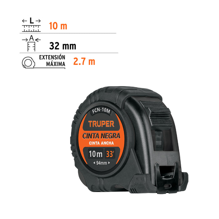 Flexómetro contra impactos 10 m, Cinta Negra 32 mm, Truper 103057 FCN-10M