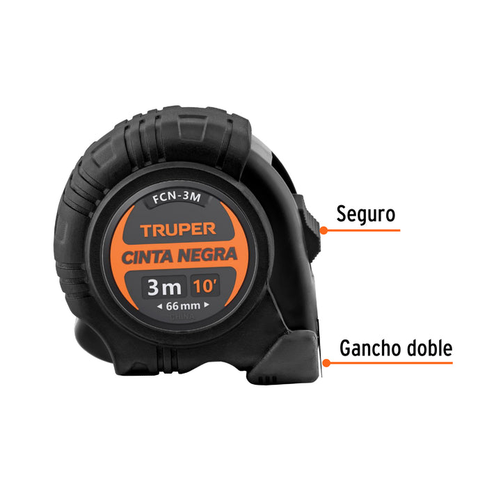 Flexómetro contra impactos 3 m, Cinta Negra 13 mm, Truper 11720 FCN-3M