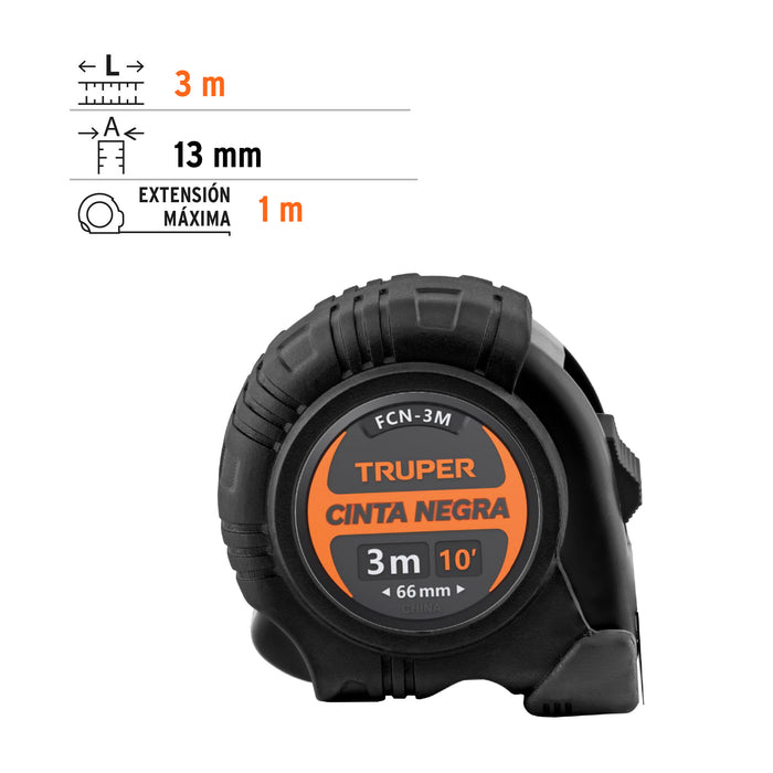 Flexómetro contra impactos 3 m, Cinta Negra 13 mm, Truper 11720 FCN-3M