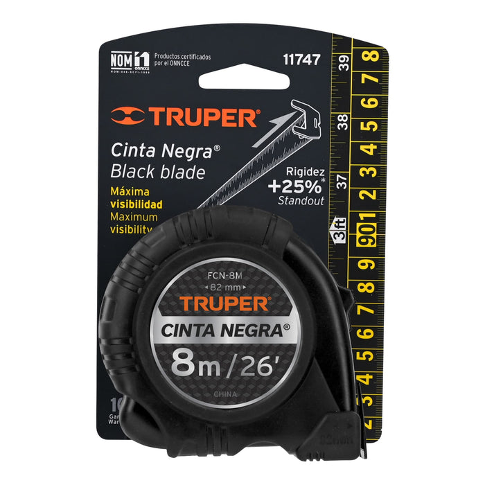 Flexómetro contra impactos 8 m, Cinta Negra 25 mm, Truper 11747 FCN-8M