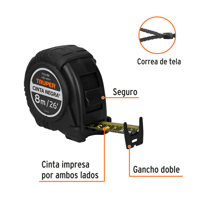 Flexómetro contra impactos 8 m, Cinta Negra 25 mm, Truper 11747 FCN-8M