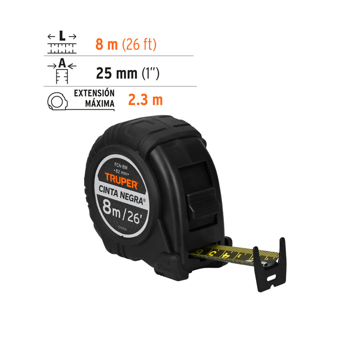 Flexómetro contra impactos 8 m, Cinta Negra 25 mm, Truper 11747 FCN-8M