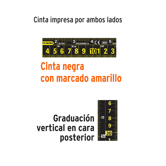 Flexómetro contra impactos 8 m, Cinta Negra 25 mm, Truper 11747 FCN-8M