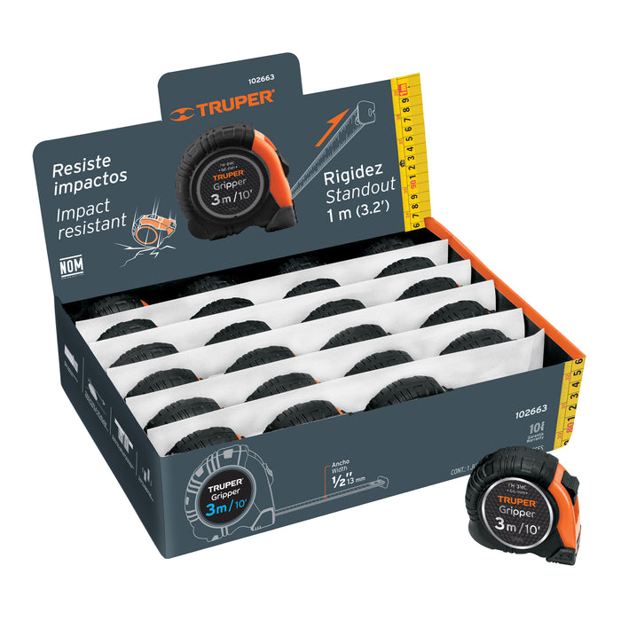 Flexómetro Gripper contra impactos 3 m cinta 13 mm, Truper 14577 FH-3M