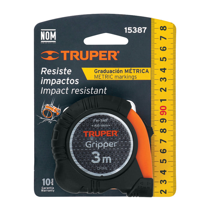 Flexómetro Gripper contra impactos 3 m cinta 13 mm, Truper 14577 FH-3M
