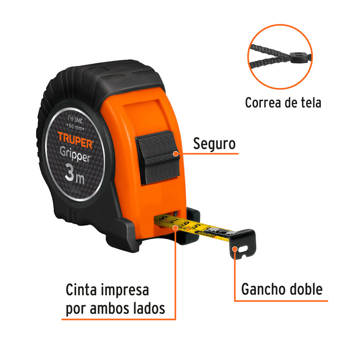 Flexómetro Gripper contra impactos 3 m cinta 13 mm, Truper 14577 FH-3M