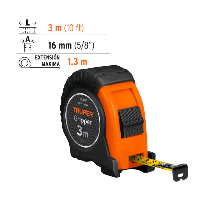 Flexómetro Gripper contra impactos 3 m cinta 13 mm, Truper 14577 FH-3M