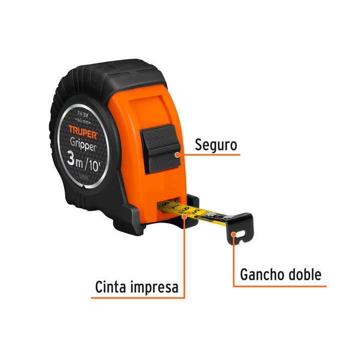 Flexómetro Gripper contra impactos 3 m cinta 13 mm, Truper 14577 FH-3M