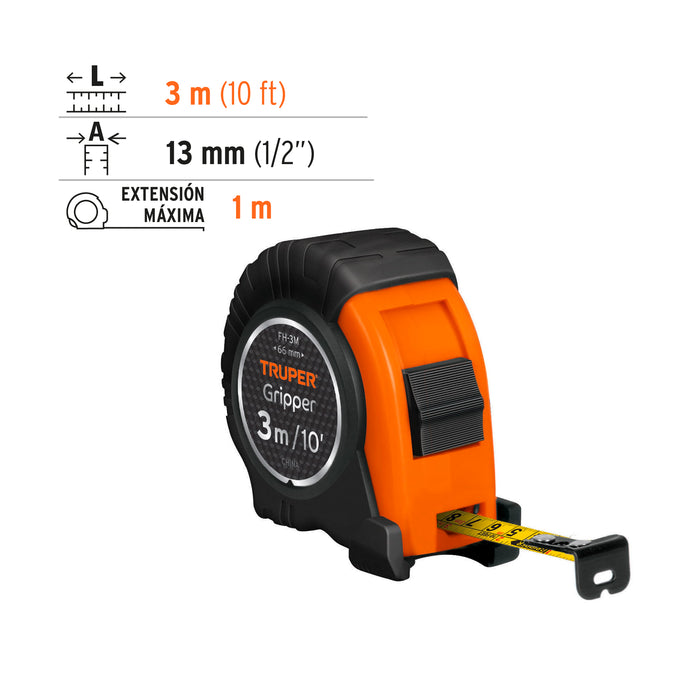 Flexómetro Gripper contra impactos 3 m cinta 13 mm, Truper 14577 FH-3M