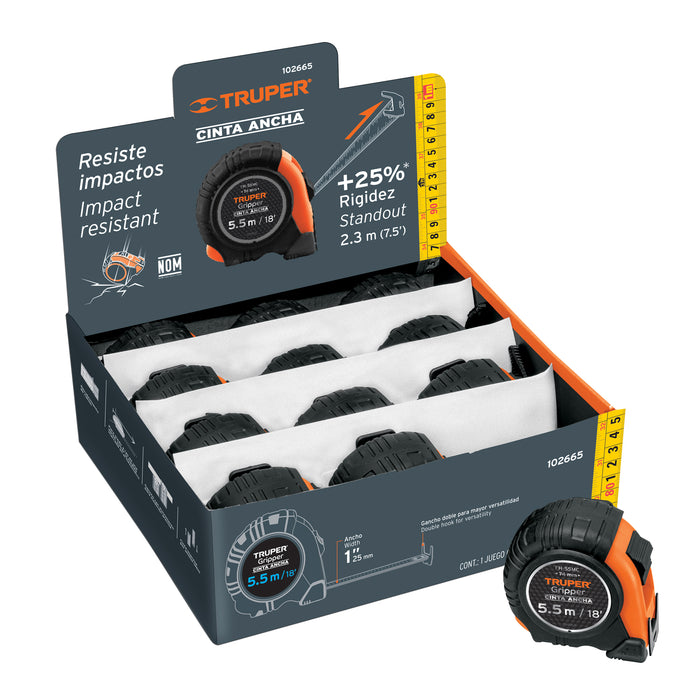 Flexómetro Gripper contra impactos 5.5 m cinta 25 mm, Truper 14613 FH-55M