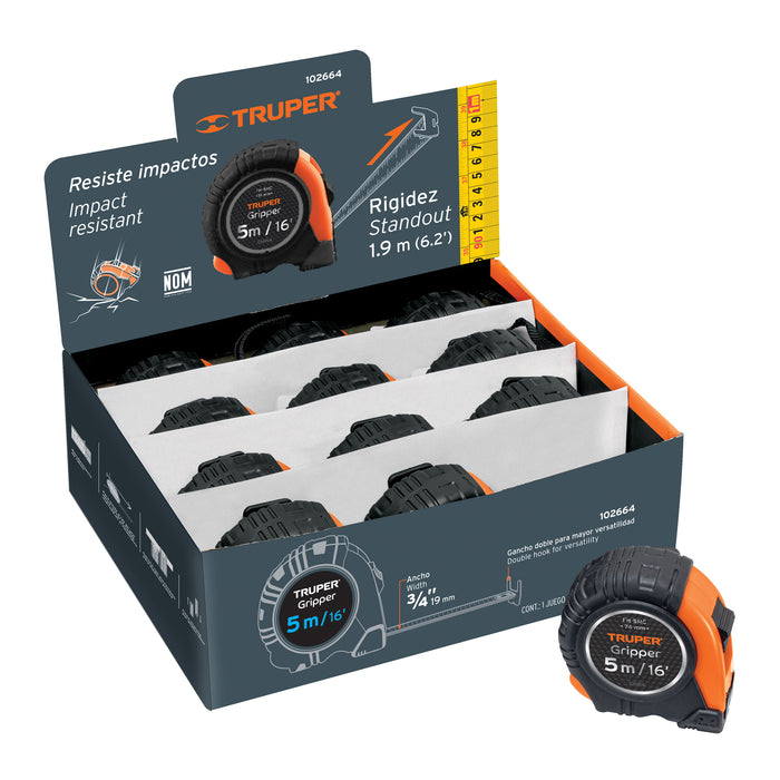 Flexómetro Gripper contra impactos 5 m cinta 19 mm, Truper 14578 FH-5M