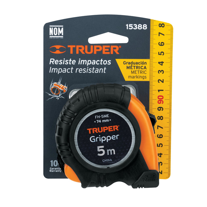Flexómetro Gripper contra impactos 5 m cinta 19 mm, Truper 14578 FH-5M