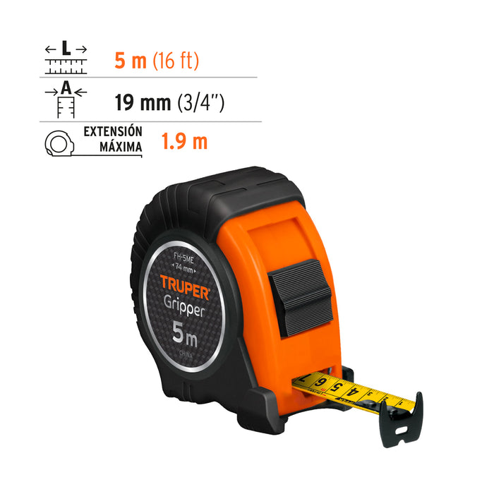 Flexómetro Gripper contra impactos 5 m cinta 19 mm, Truper 14578 FH-5M