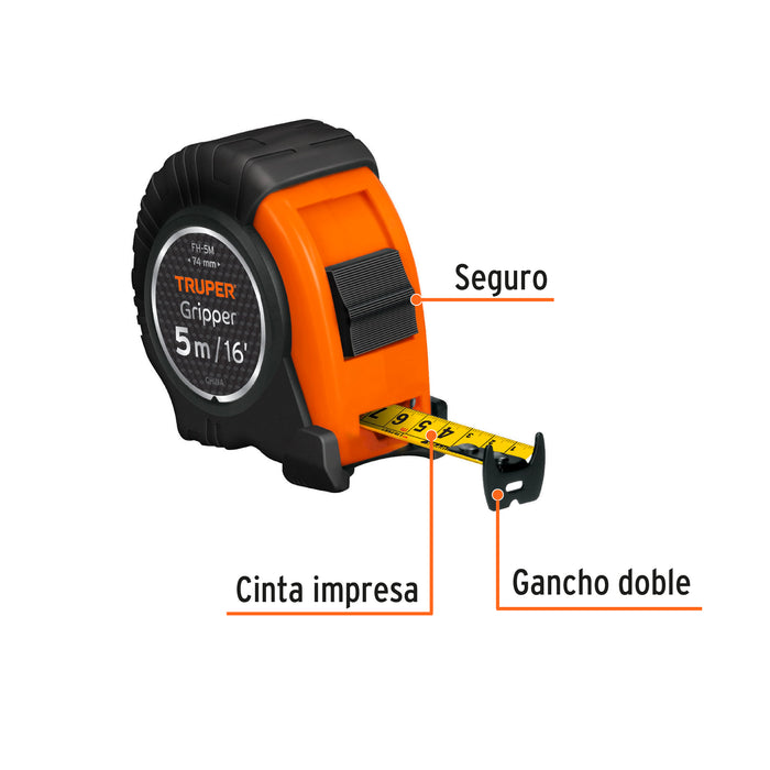 Flexómetro Gripper contra impactos 5 m cinta 19 mm, Truper 14578 FH-5M