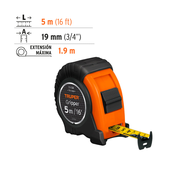 Flexómetro Gripper contra impactos 5 m cinta 19 mm, Truper 14578 FH-5M