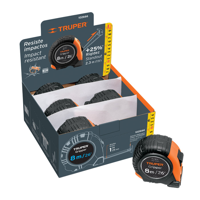 Flexómetro Gripper contra impactos 8 m cinta 25 mm, Truper 14579 FH-8M