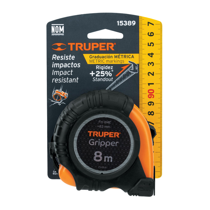 Flexómetro Gripper contra impactos 8 m cinta 25 mm, Truper 14579 FH-8M