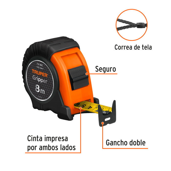 Flexómetro Gripper contra impactos 8 m cinta 25 mm, Truper 14579 FH-8M