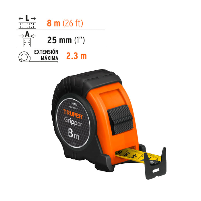 Flexómetro Gripper contra impactos 8 m cinta 25 mm, Truper 14579 FH-8M