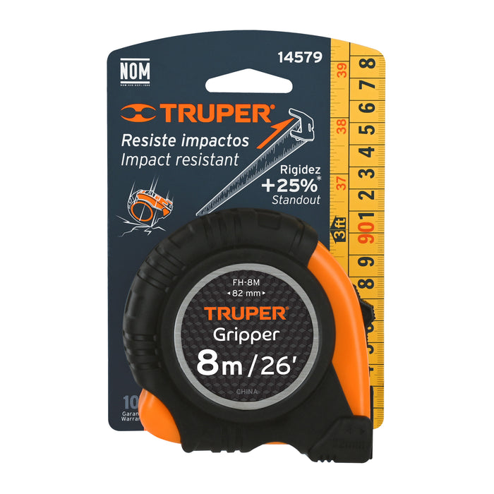 Flexómetro Gripper contra impactos 8 m cinta 25 mm, Truper 14579 FH-8M