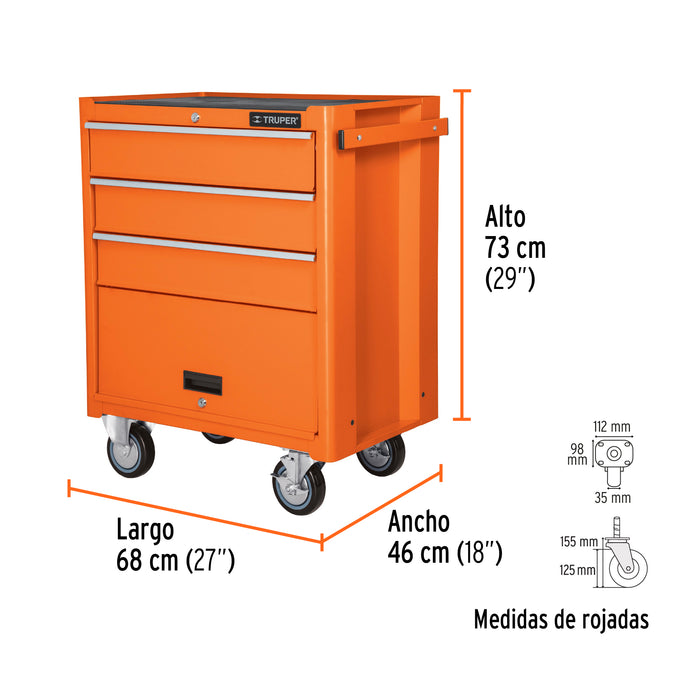 Gabinete metálico móvil, 4 cajones, capacidad 90 kg, Truper 12066 GAMO-4090