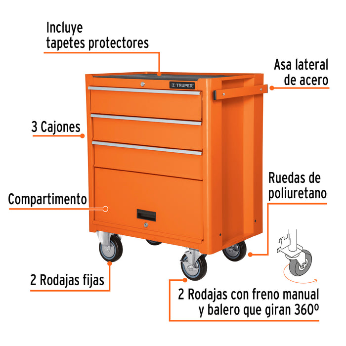 Gabinete metálico móvil, 4 cajones, capacidad 90 kg, Truper 12066 GAMO-4090