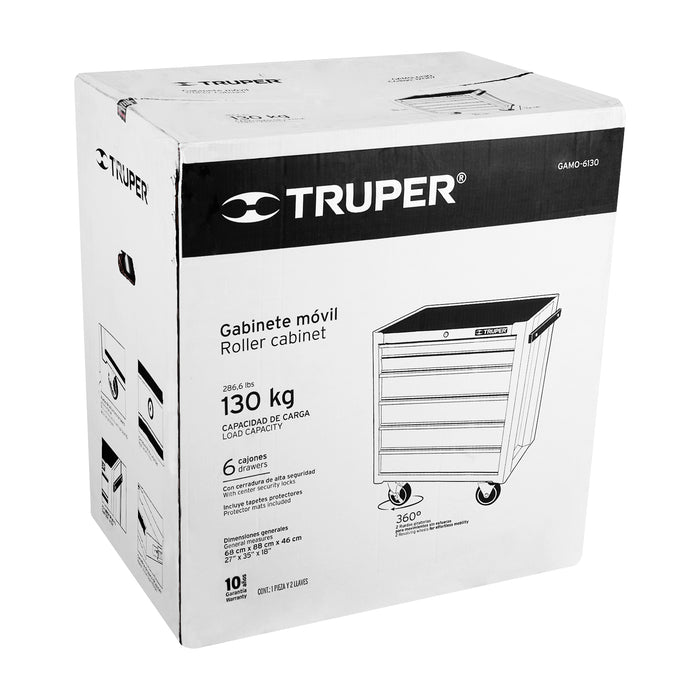 Gabinete metálico móvil, 6 cajones, capacidad 130 kg, Truper 12067 GAMO-6130
