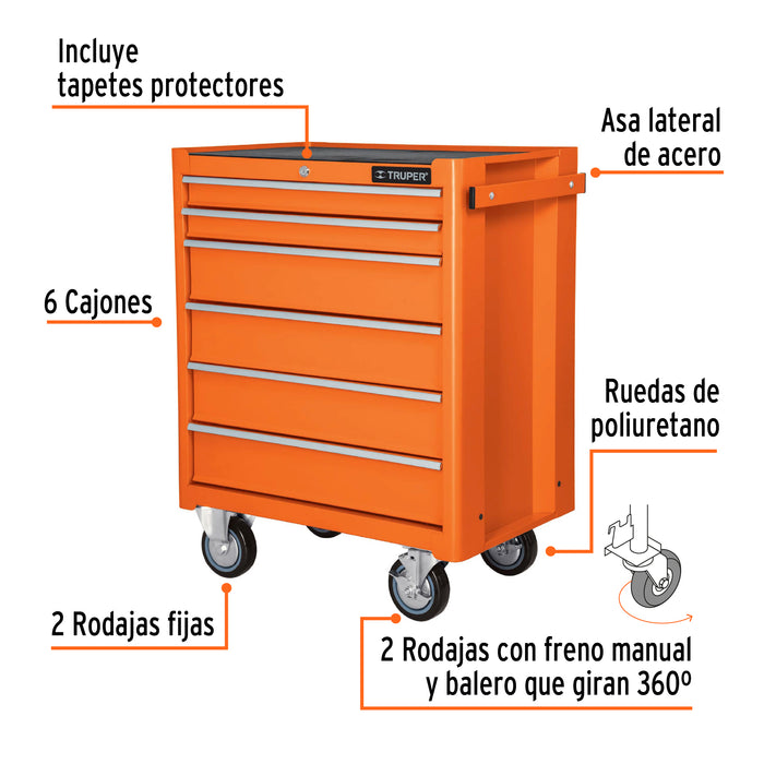 Gabinete metálico móvil, 6 cajones, capacidad 130 kg, Truper 12067 GAMO-6130
