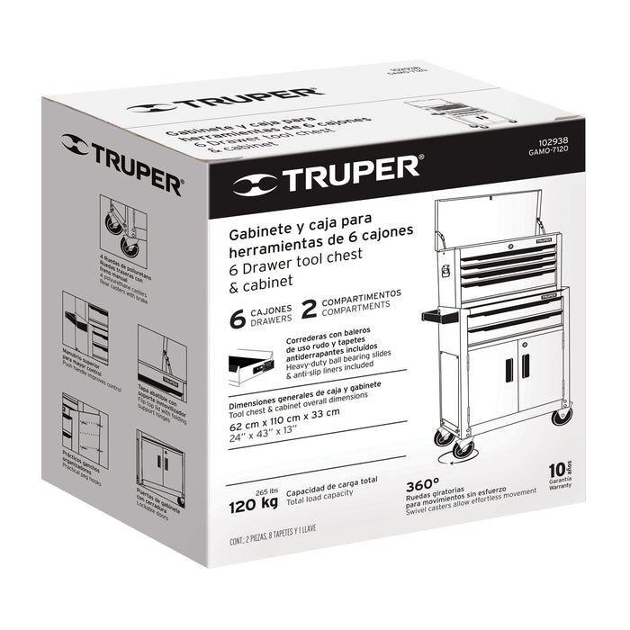 Gabinete metálico móvil, 6 cajones, 2 compartimentos, Truper 102938 GAMO-7120