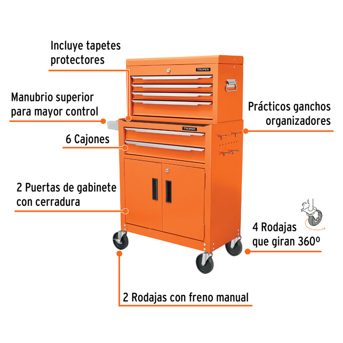Gabinete metálico móvil, 6 cajones, 2 compartimentos, Truper 102938 GAMO-7120