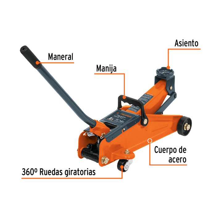 Gato hidráulico de patín 2t, 50 movimientos, maletín, Truper 14826 GAPA-2M