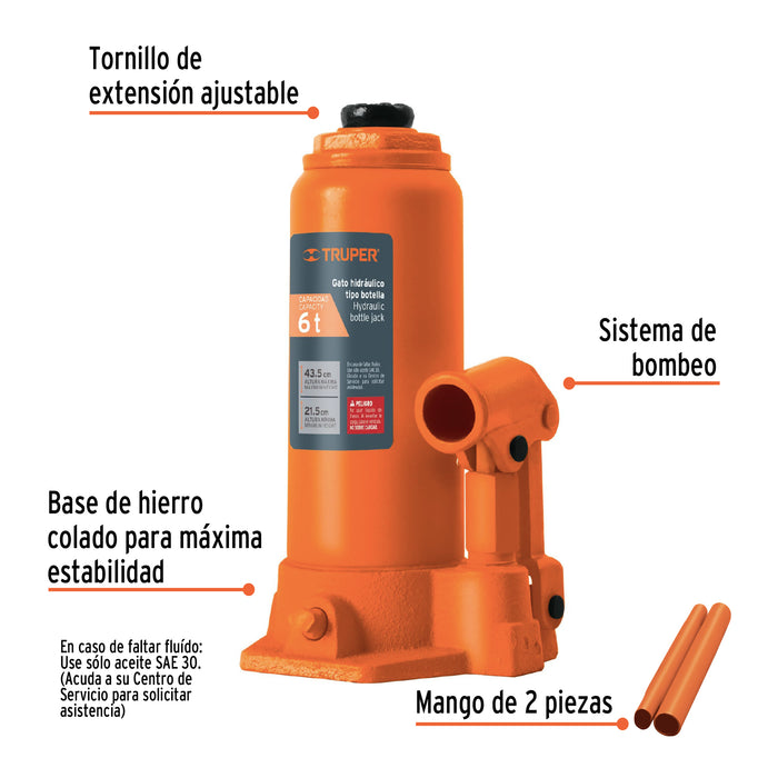 Gato hidráulico de botella de 6 Ton, Truper 14814 GAT-6