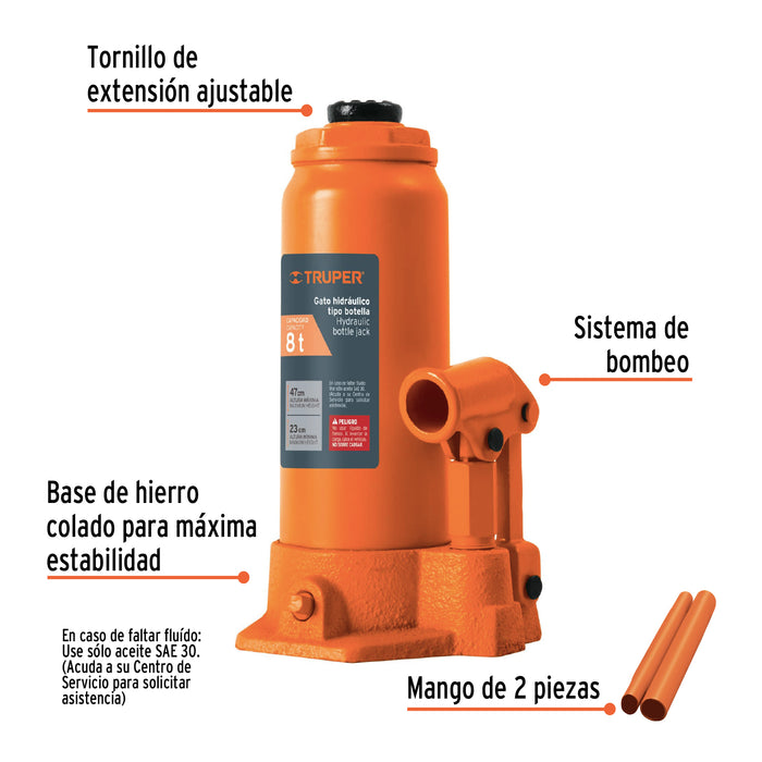 Gato hidráulico de botella de 8 Ton, Truper 14816 GAT-8