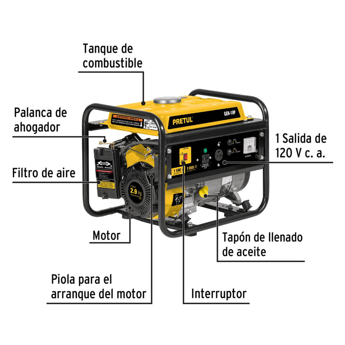 Generador portátil 1.1 kW motor a gasolina, Pretul 26033 GEN-10P