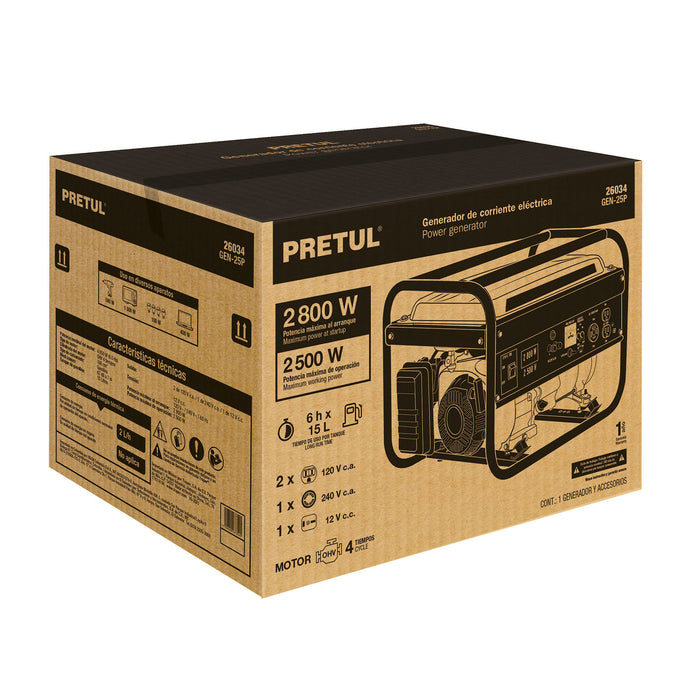 Generador portátil 2.8 kW motor a gasolina, Pretul 26034 GEN-25P